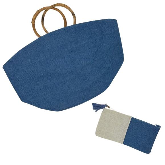 Mud Pie Bamboo Handle Blue Jute Beach Tote, Case Set Boho Colorblock Travel Bag - Picture 1 of 8